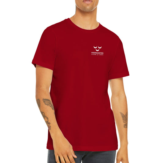 Premium uniseks T-shirt met ronde hals wapen + coördinaten Voorschoten - Webshop I Love Voorschoten