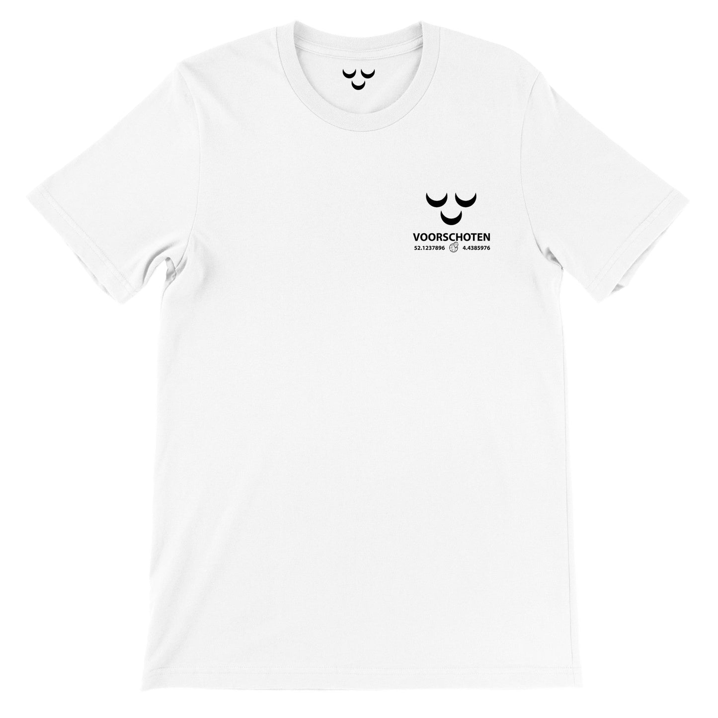 Premium uniseks T-shirt met ronde hals wapen + coördinaten Voorschoten - Webshop I Love Voorschoten